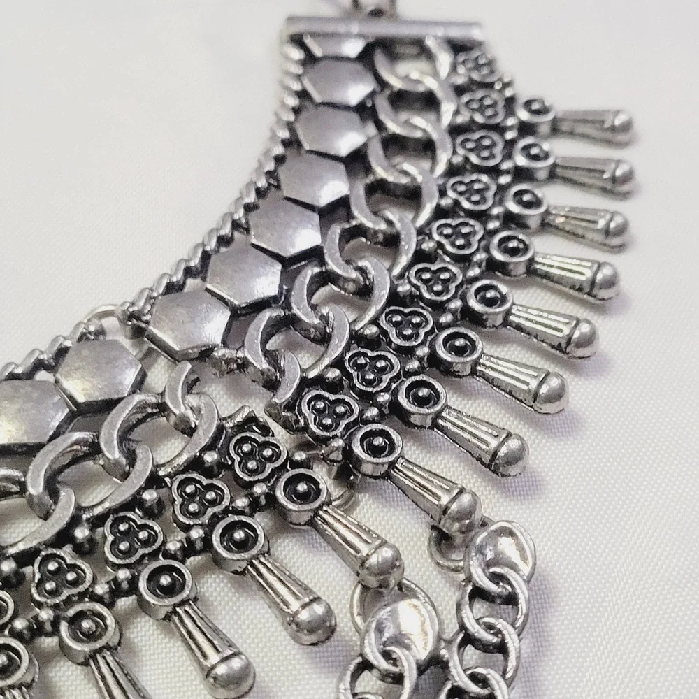 Women's Statement Bib Necklace OS Silver Rhinestone Tiered Boho Crystal U46